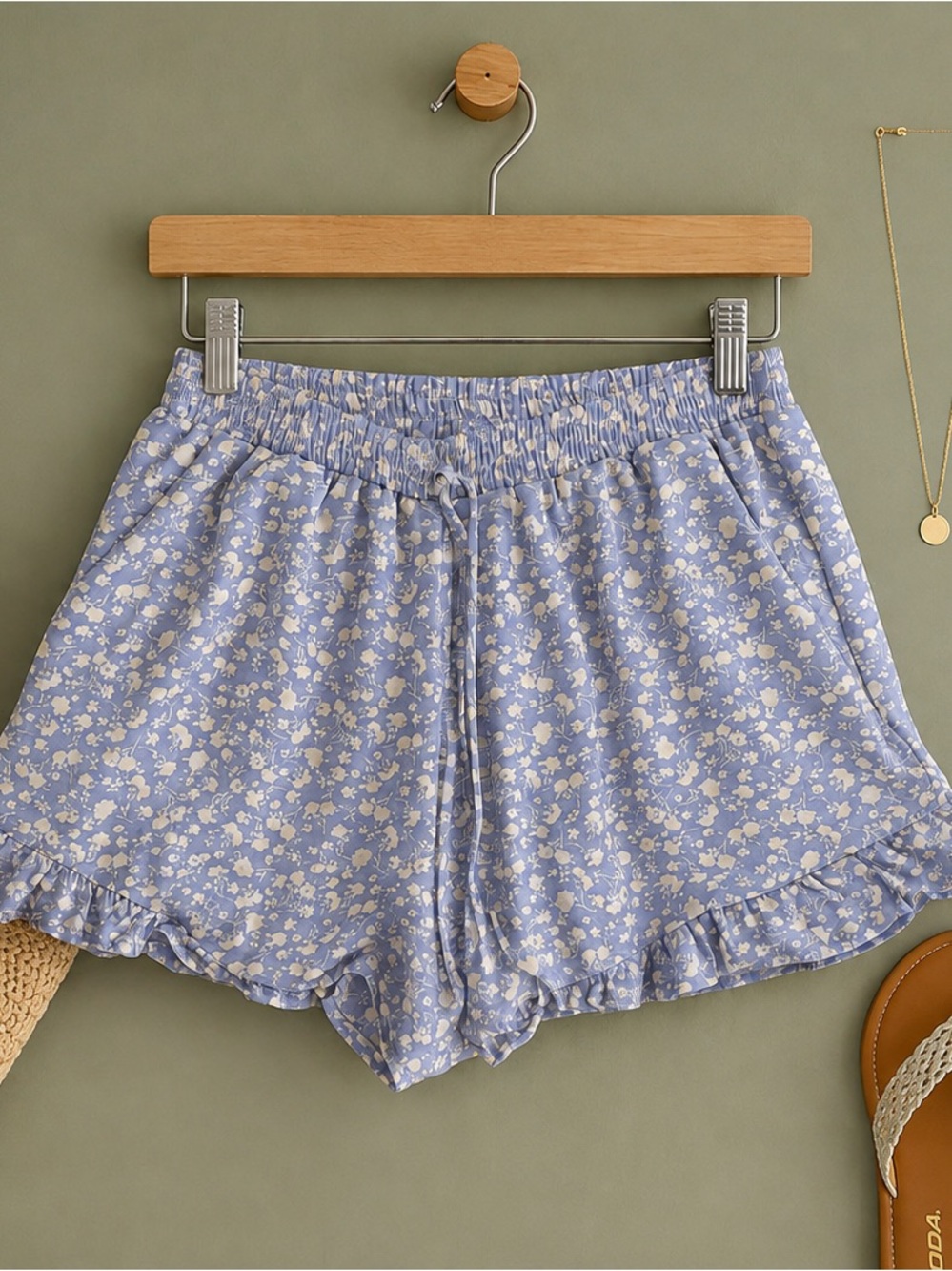 Sienna Sky Blue Floral Ruffle Hem High Waist Shorts
